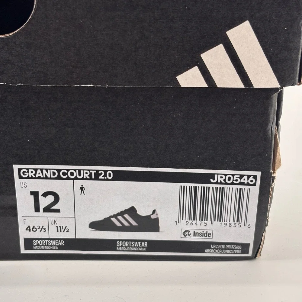 Adidas Grand Court 2.0 Mens Size 12 Black White JR0546 New NWT Sneakers Shoes